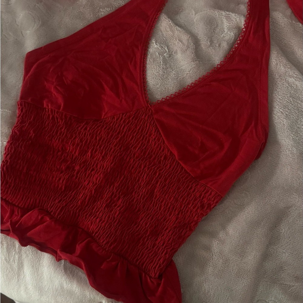 Red Smocked Bodice Crop Top
